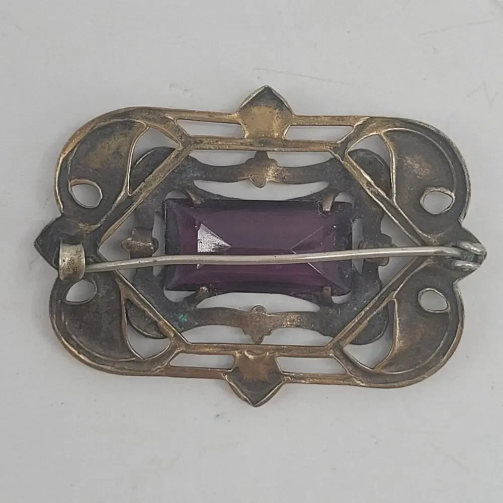 Antique Art Nouveau Brass Amethyst Glass Sash Brooch Victorian Romantic Jewelry